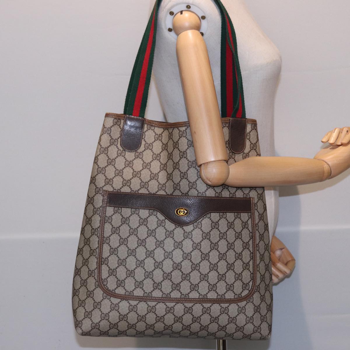 GUCCI GG Supreme Web Sherry Line Tote Bag PVC Beige Red 378 02 003 Auth 79623