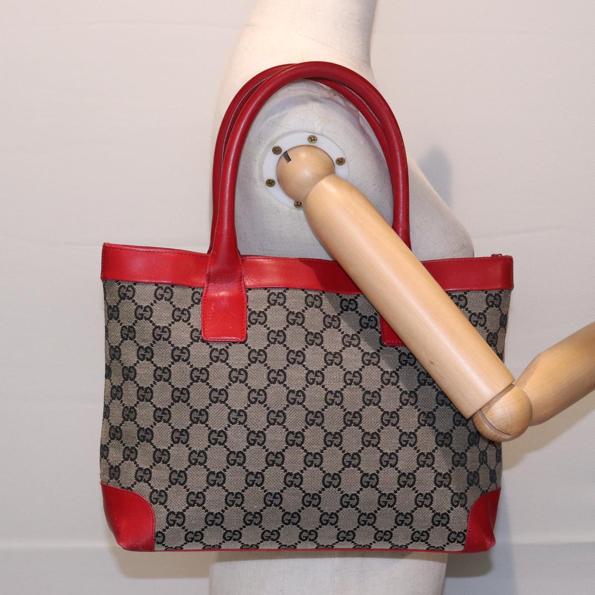 GUCCI GG Canvas Hand Bag Beige Red 002 1119 Auth 79632