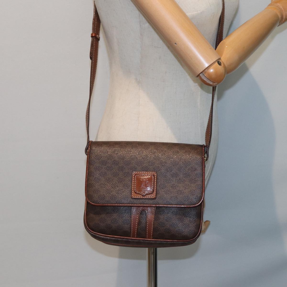 CELINE Macadam Canvas Shoulder Bag PVC Leather Brown Auth 79666