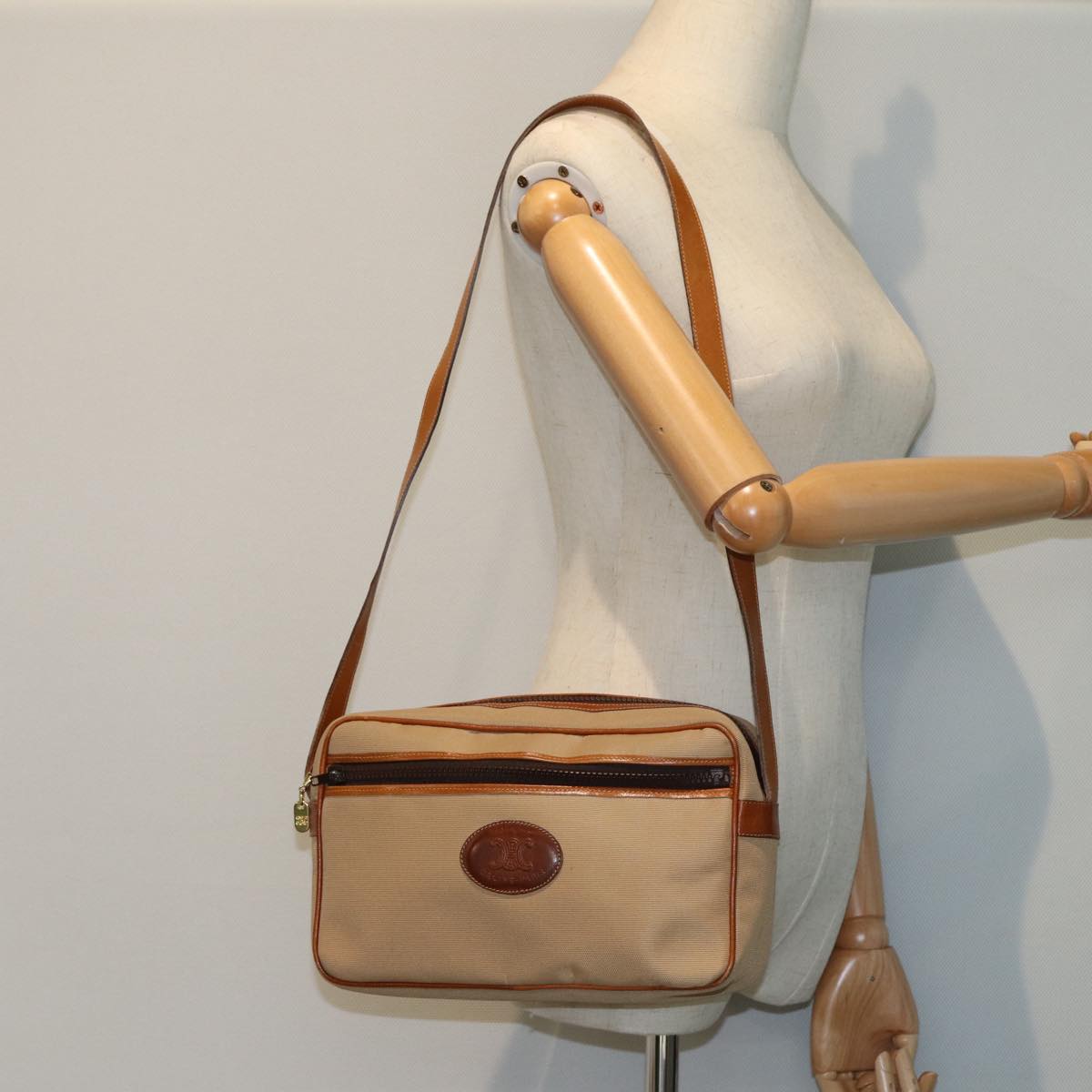 CELINE Shoulder Bag Canvas Beige Auth 79694