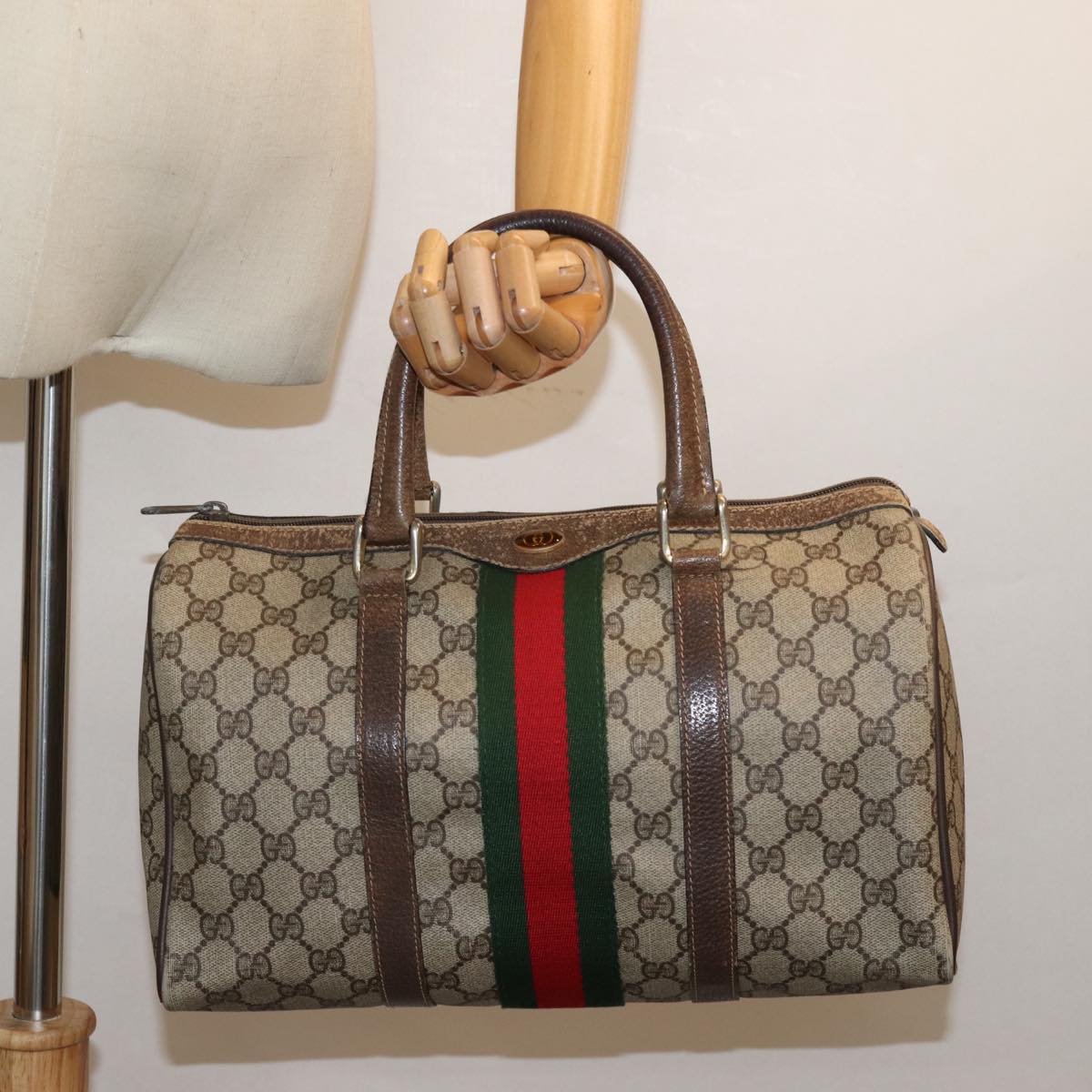 GUCCI GG Supreme Web Sherry Line Boston Bag PVC Beige Red 40 02 007 Auth 79749