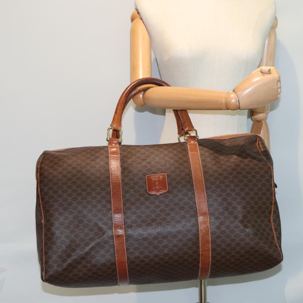 CELINE Macadam Canvas Boston Bag PVC Leather Brown Auth 79789