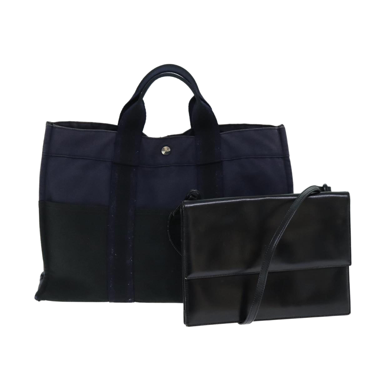 HERMES Loewe Shoulder Tote Bag Canvas Leather 2Set Navy Black Auth 79794