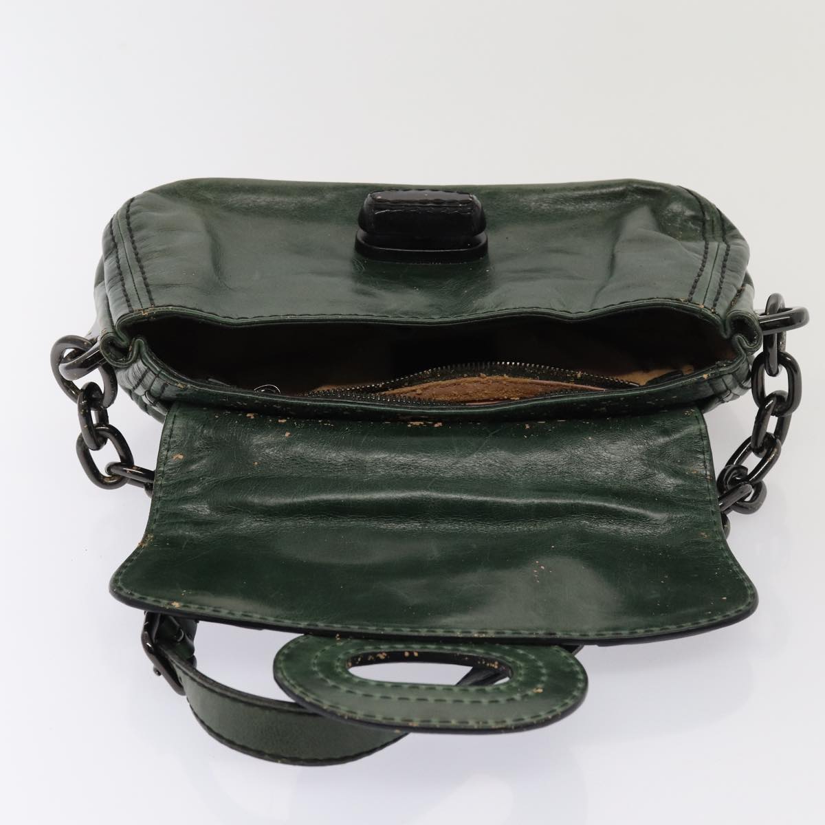 PRADA Chain Shoulder Bag Leather Green Black Auth 79796