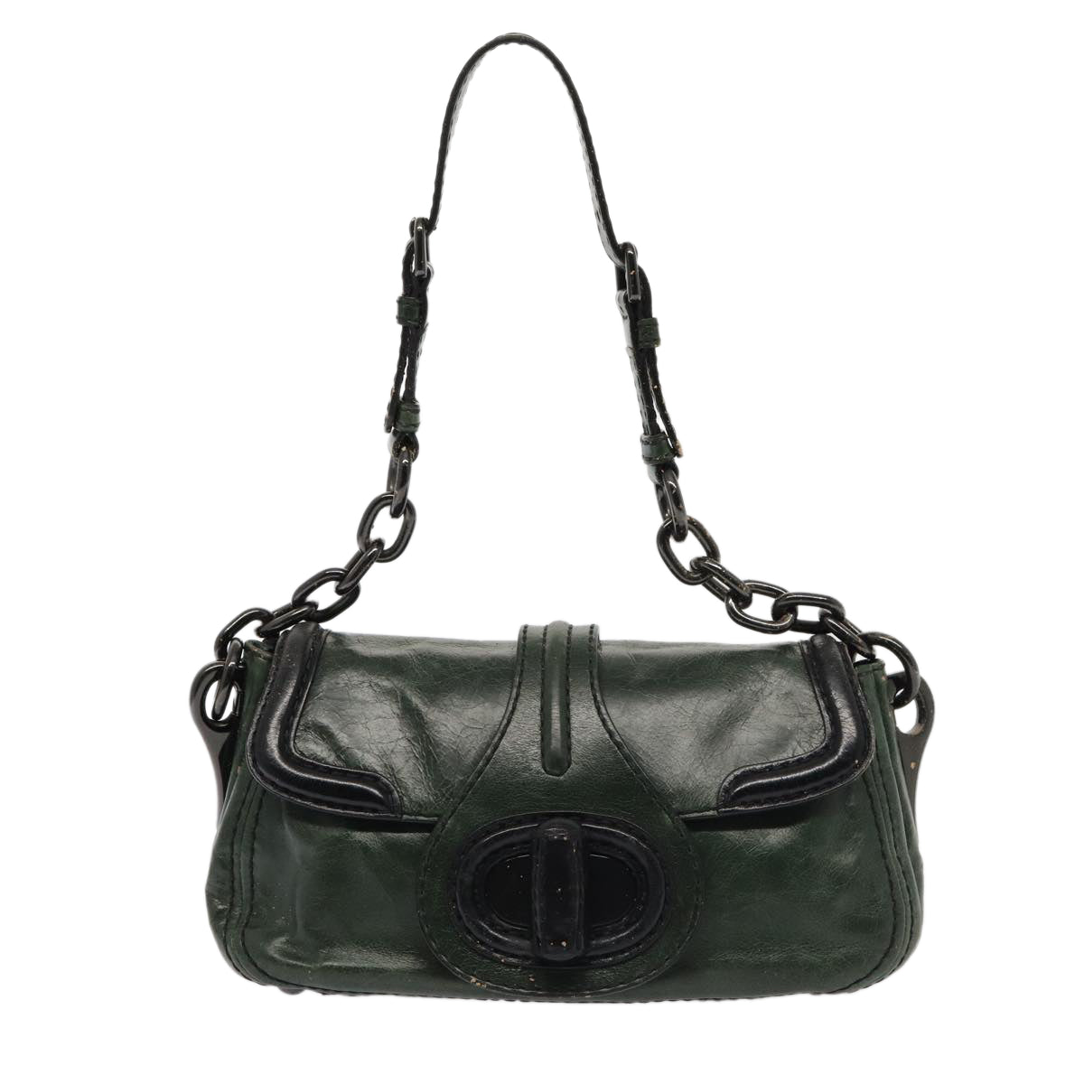 PRADA Chain Shoulder Bag Leather Green Black Auth 79796