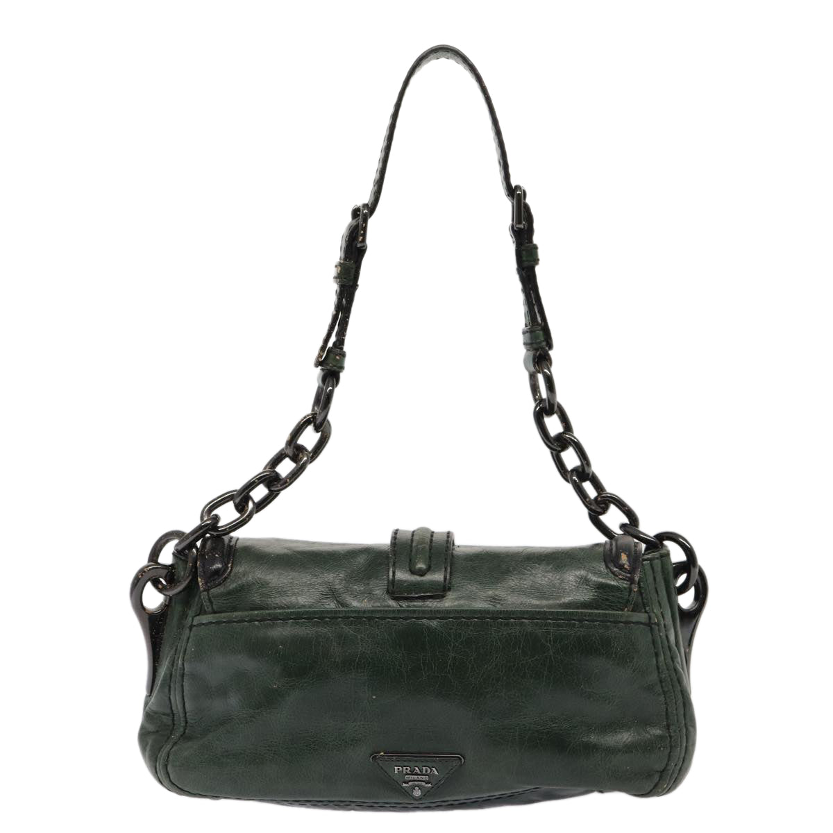 PRADA Chain Shoulder Bag Leather Green Black Auth 79796