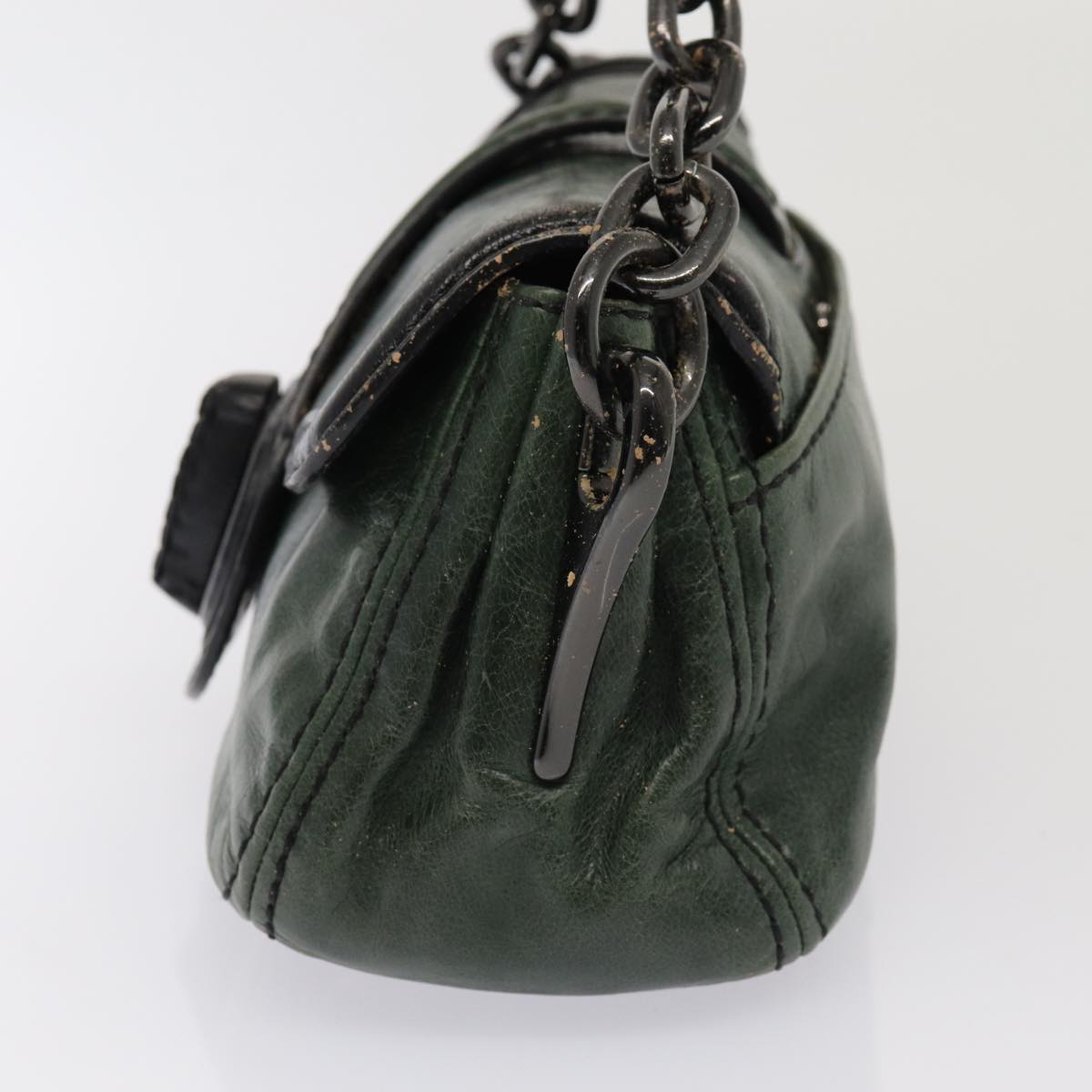 PRADA Chain Shoulder Bag Leather Green Black Auth 79796