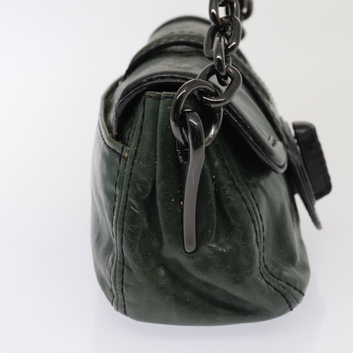 PRADA Chain Shoulder Bag Leather Green Black Auth 79796