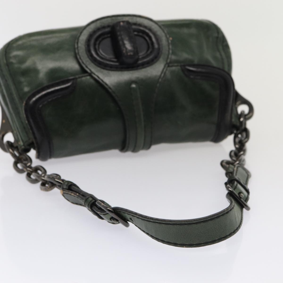 PRADA Chain Shoulder Bag Leather Green Black Auth 79796