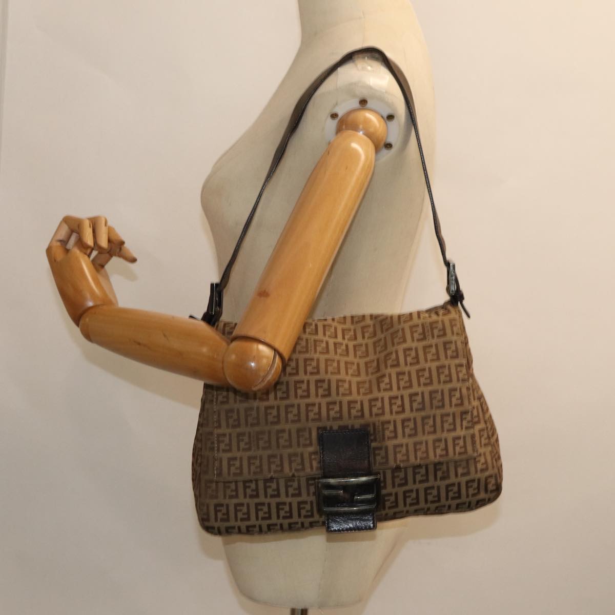 FENDI Zucchino Canvas Mamma Baguette Shoulder Bag Brown Auth 79849