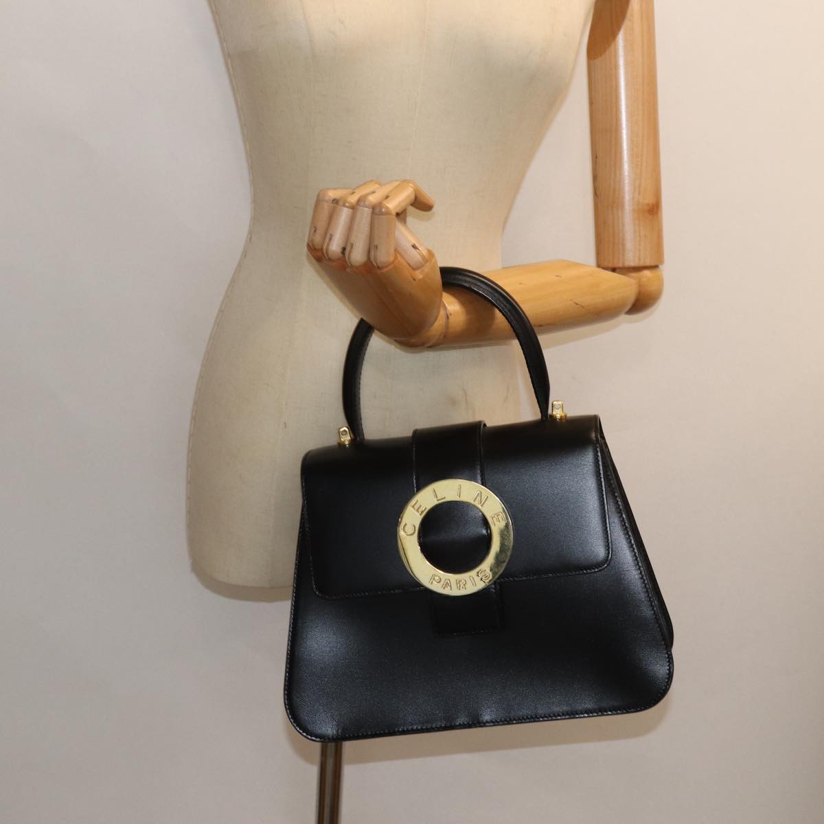 CELINE Hand Bag Leather Black Auth 79863