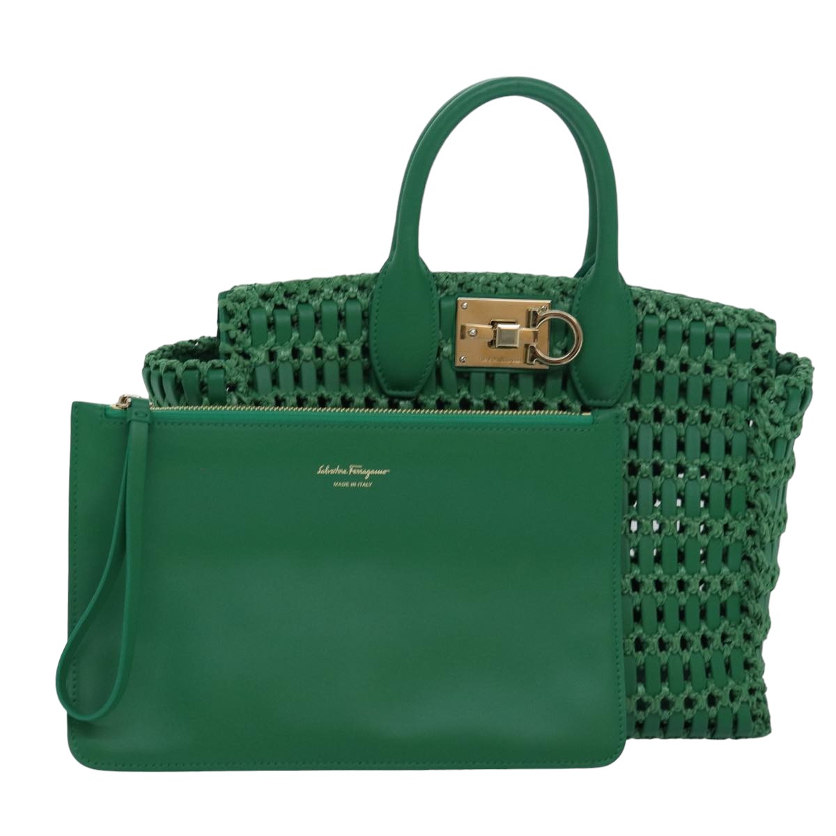 Salvatore Ferragamo Gancini Studio Basket Bag leather straw Green Auth 79866A