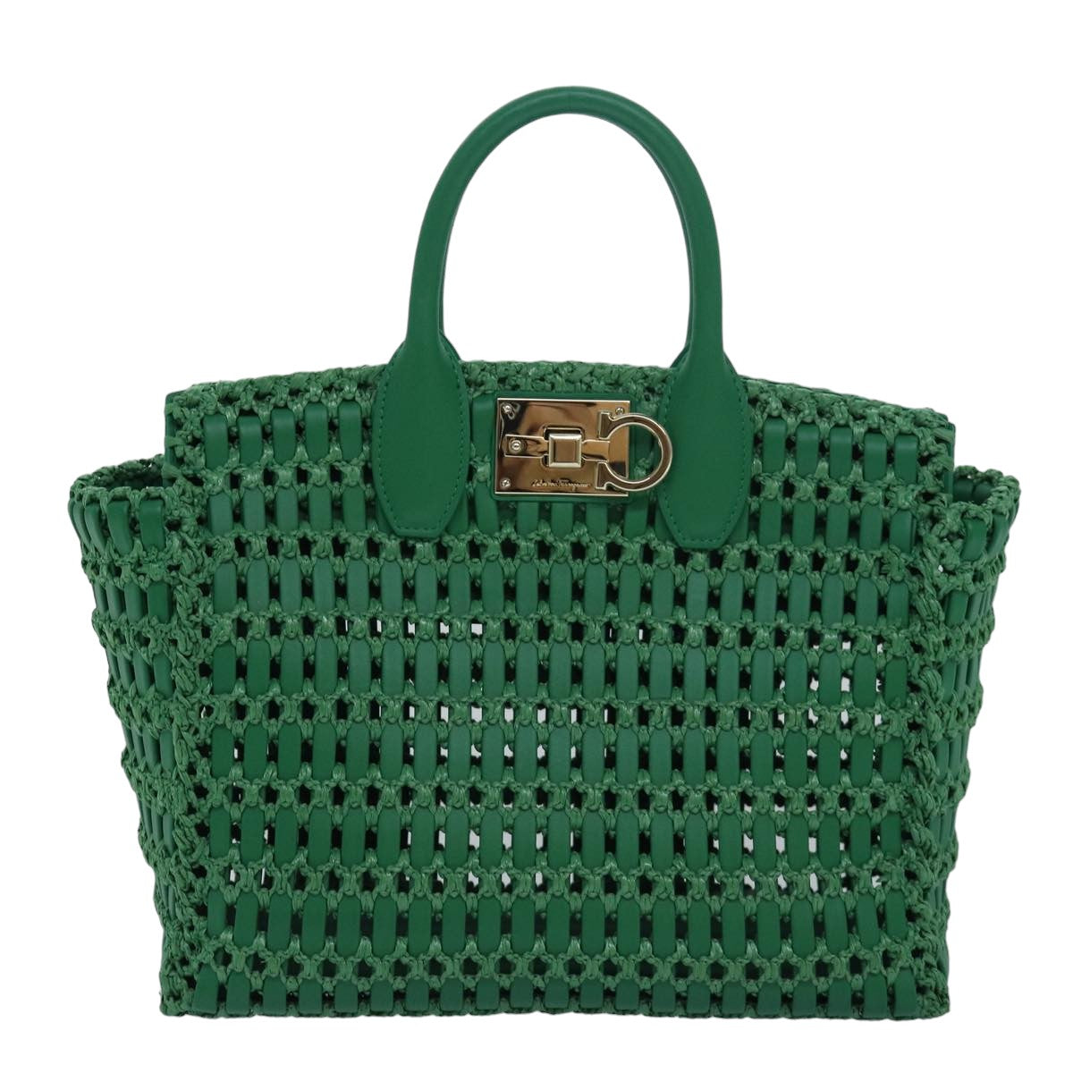 Salvatore Ferragamo Gancini Studio Basket Bag leather straw Green Auth 79866A