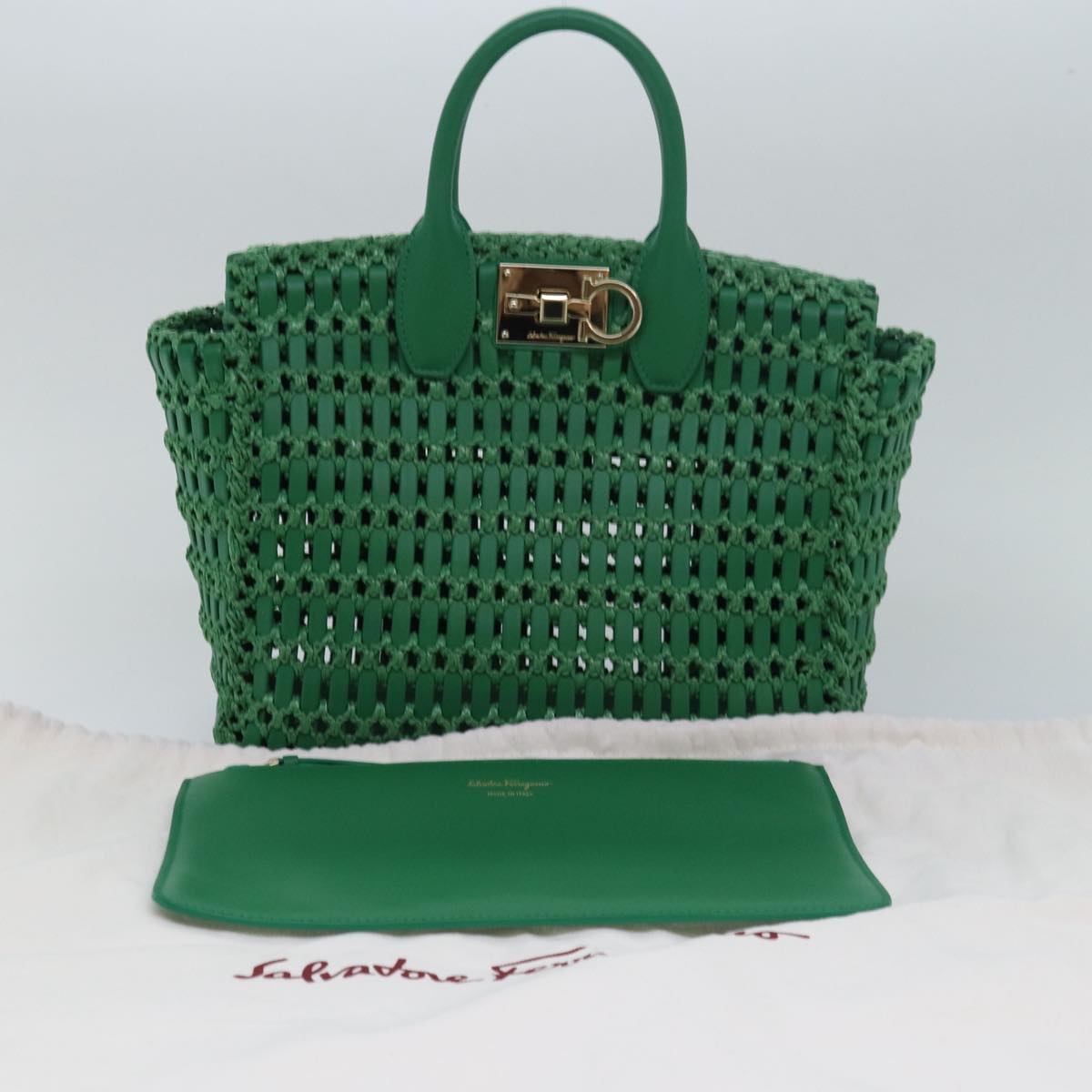 Salvatore Ferragamo Gancini Studio Basket Bag leather straw Green Auth 79866A