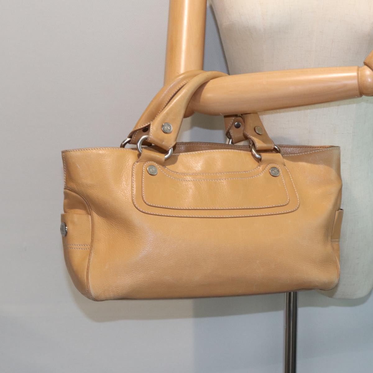 CELINE Hand Bag Leather Beige Auth 80060