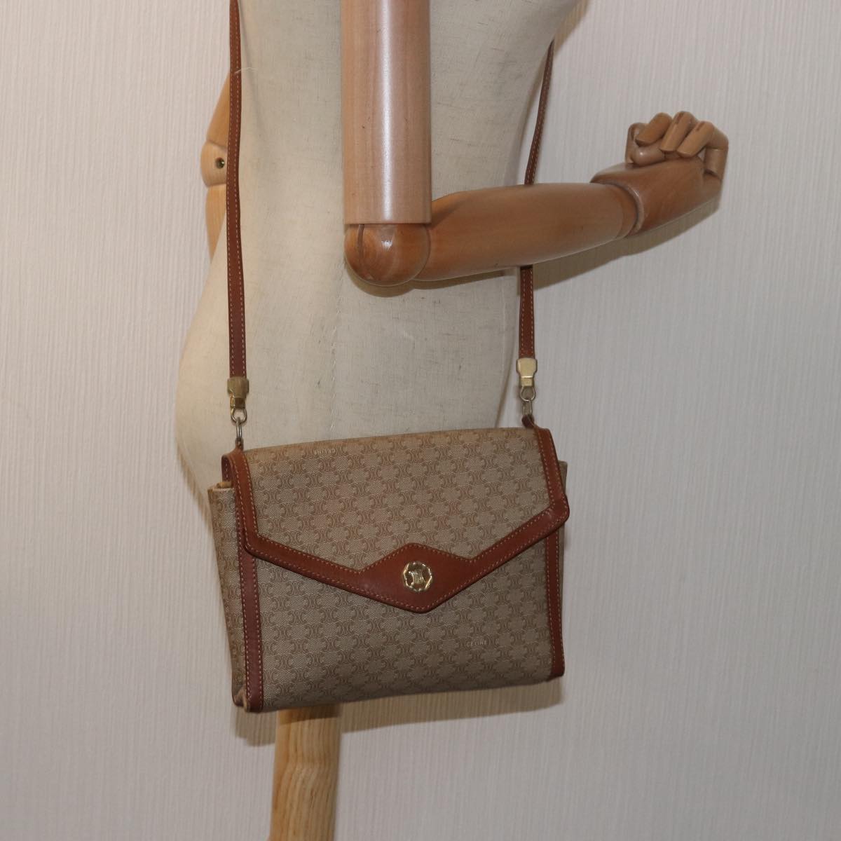 CELINE Macadam Canvas Shoulder Bag Beige Auth 80064