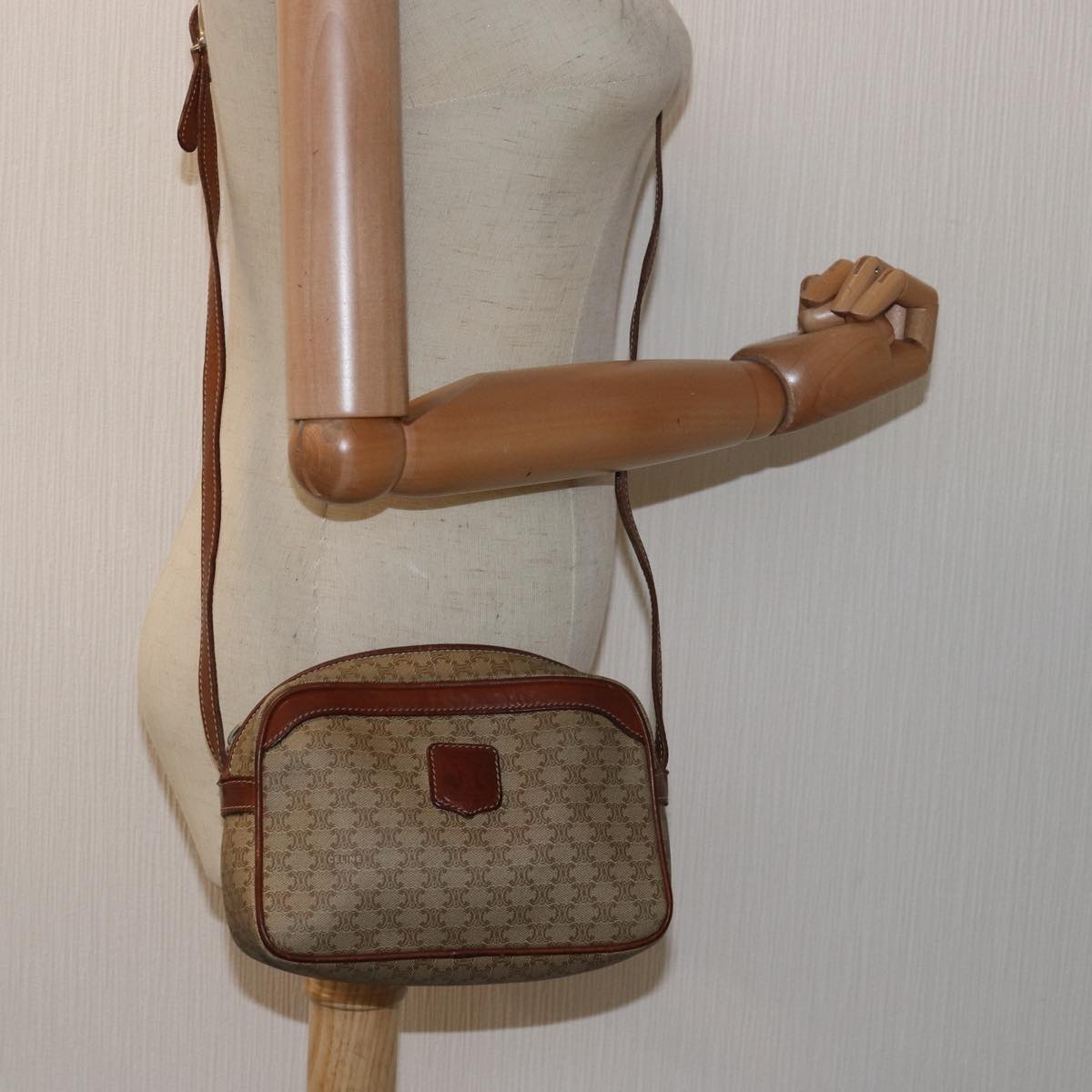 CELINE Macadam Canvas Shoulder Bag Beige Auth 80066