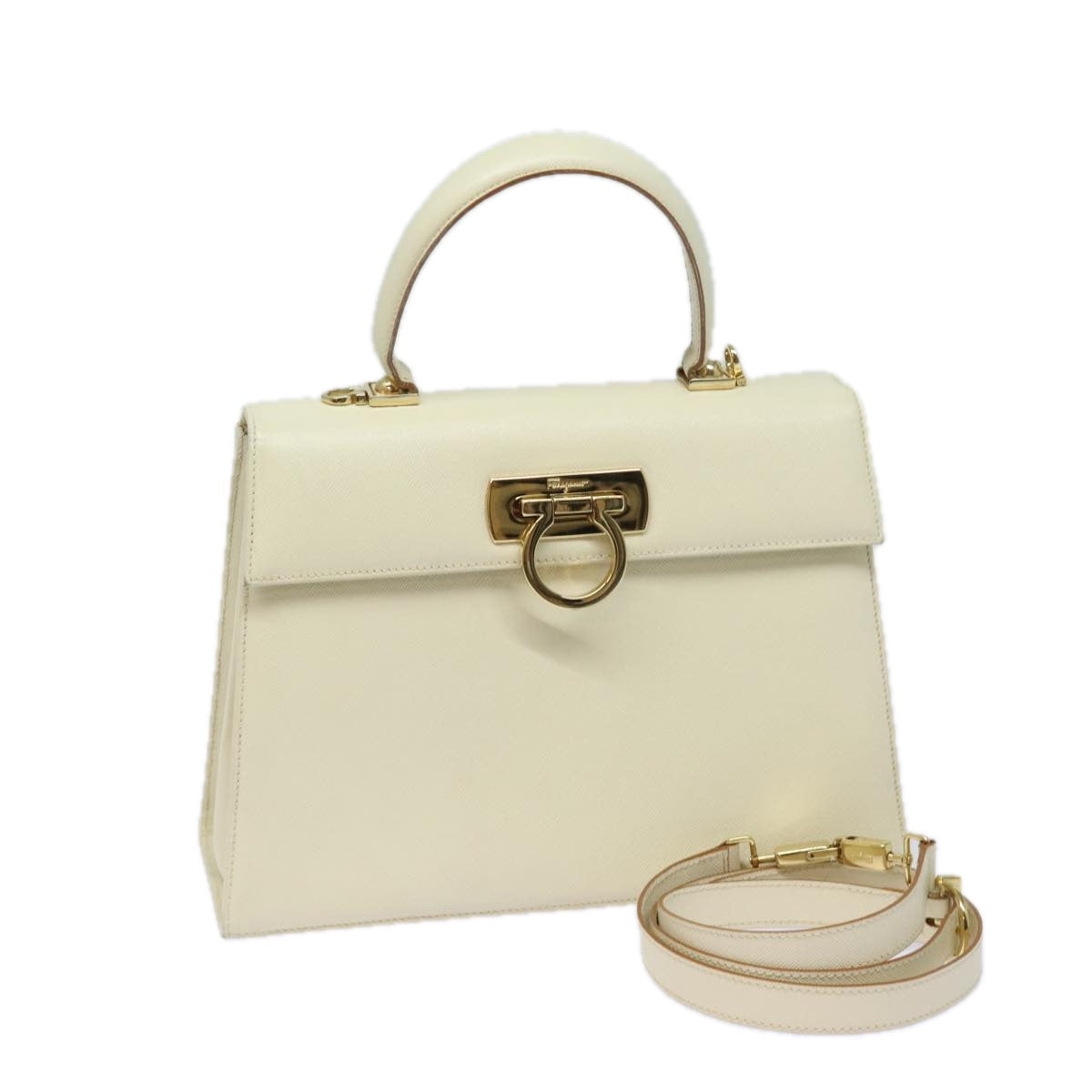 Salvatore Ferragamo Gancini Hand Bag Leather 2way White Auth 80078