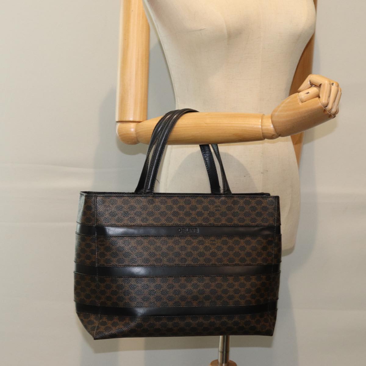 CELINE Macadam Canvas Hand Bag Black Brown Auth 80079