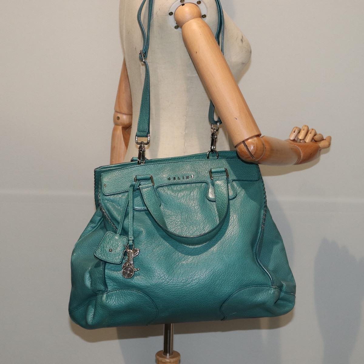 CELINE Hand Bag Leather 2way Turquoise Blue Auth 80082