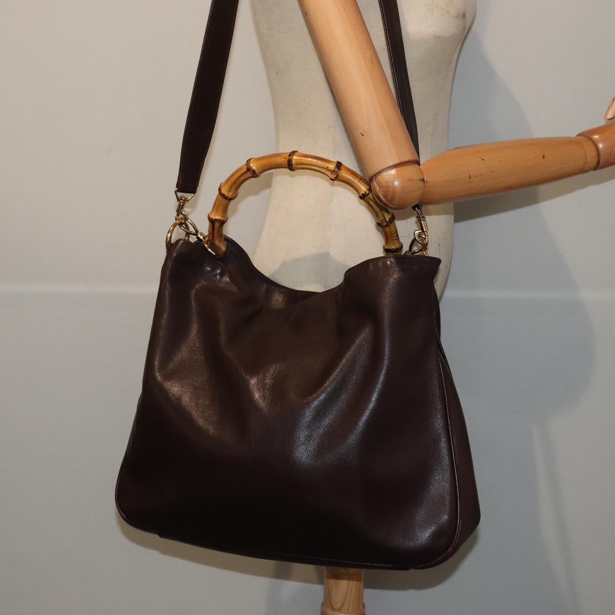 GUCCI Bamboo Shoulder Bag Leather 2way Brown 001 2123 1577 Auth 80117