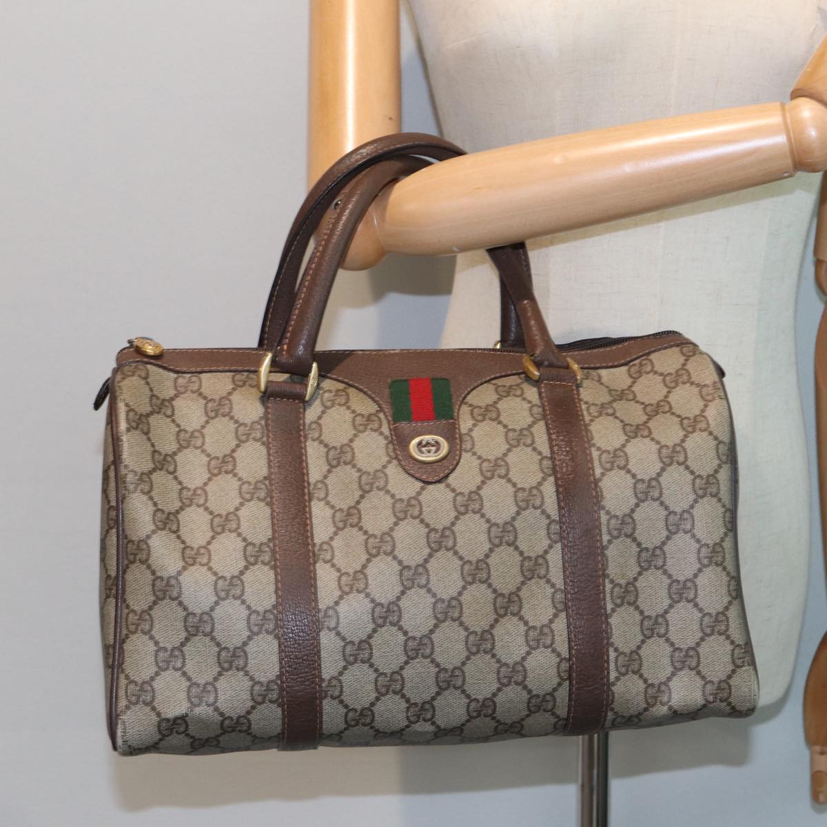 GUCCI GG Supreme Web Sherry Line Boston Bag PVC Beige Red 40 02 007 Auth 80124