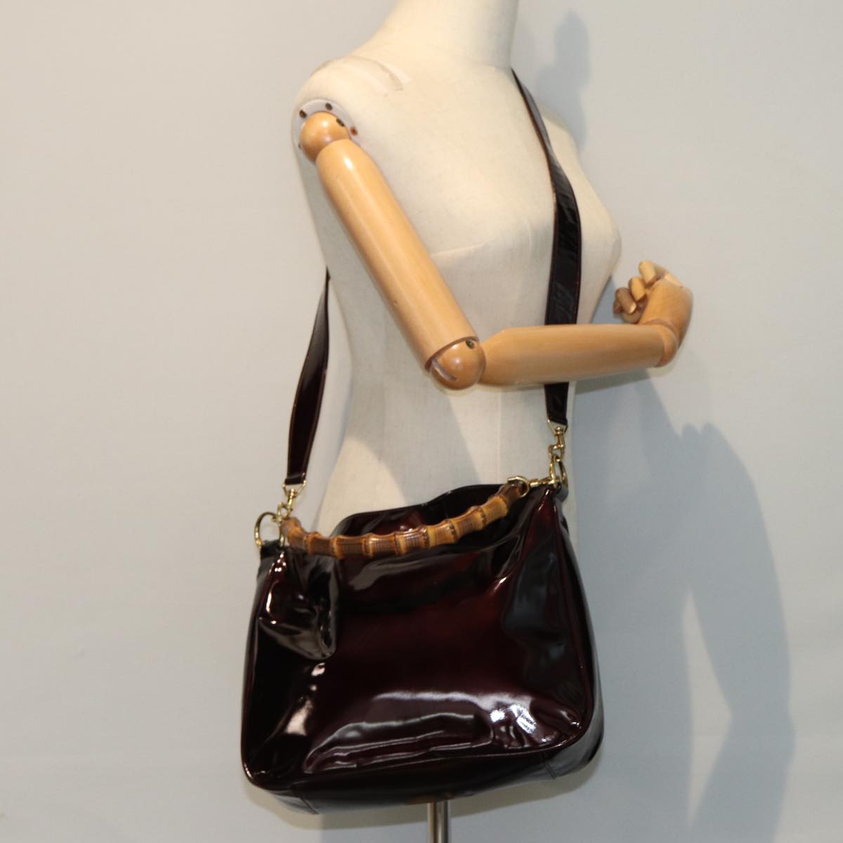 GUCCI Bamboo Shoulder Bag Enamel 2way Brown 001 1705 1638 Auth 80127