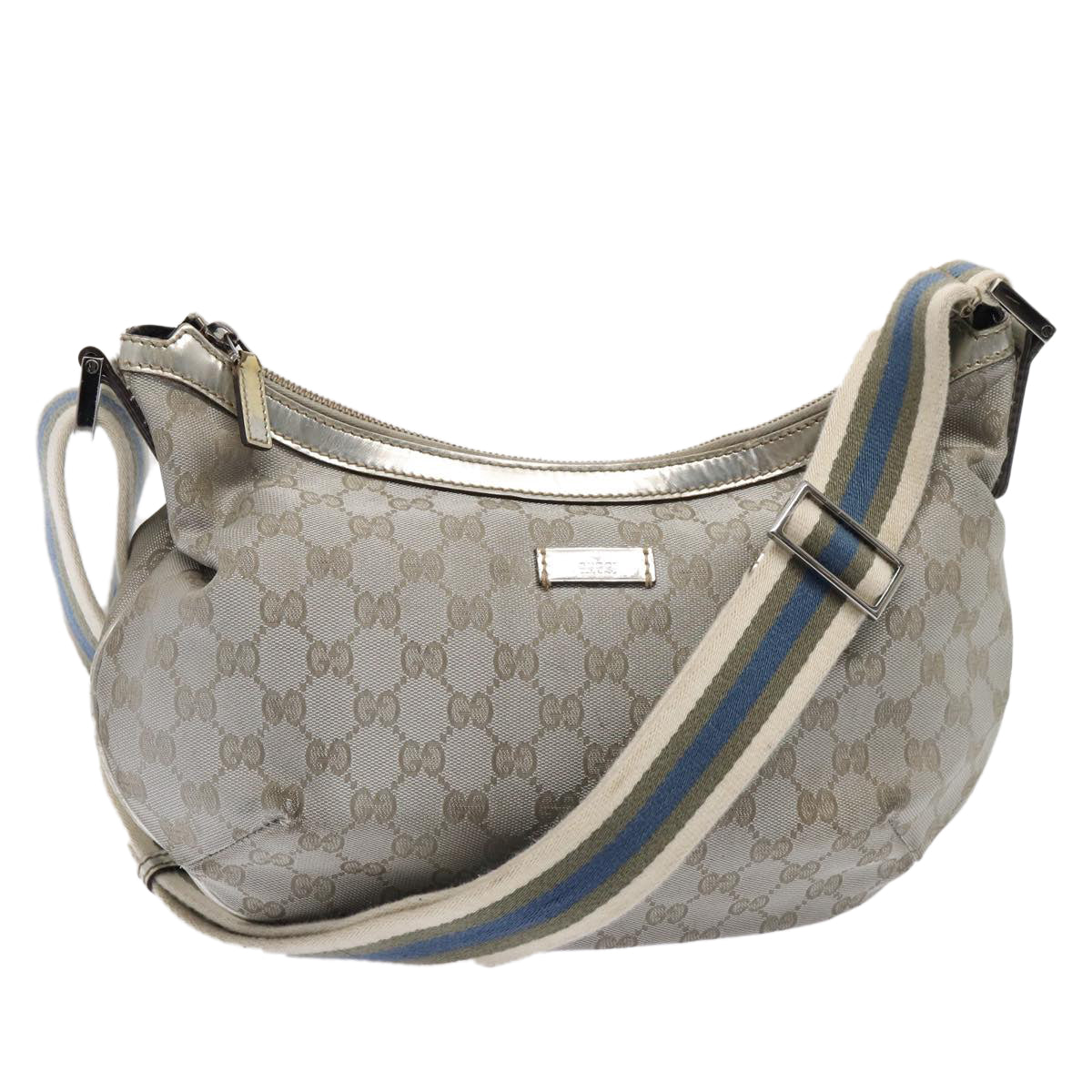 GUCCI GG Canvas Sherry Line Shoulder Bag Silver Gray 181092 Auth 80134