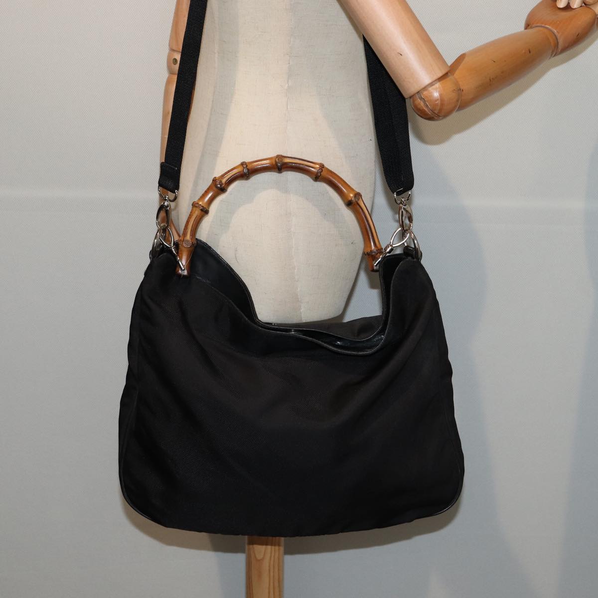 GUCCI Bamboo Shoulder Bag Nylon 2way Black 001 1577 Auth 80137