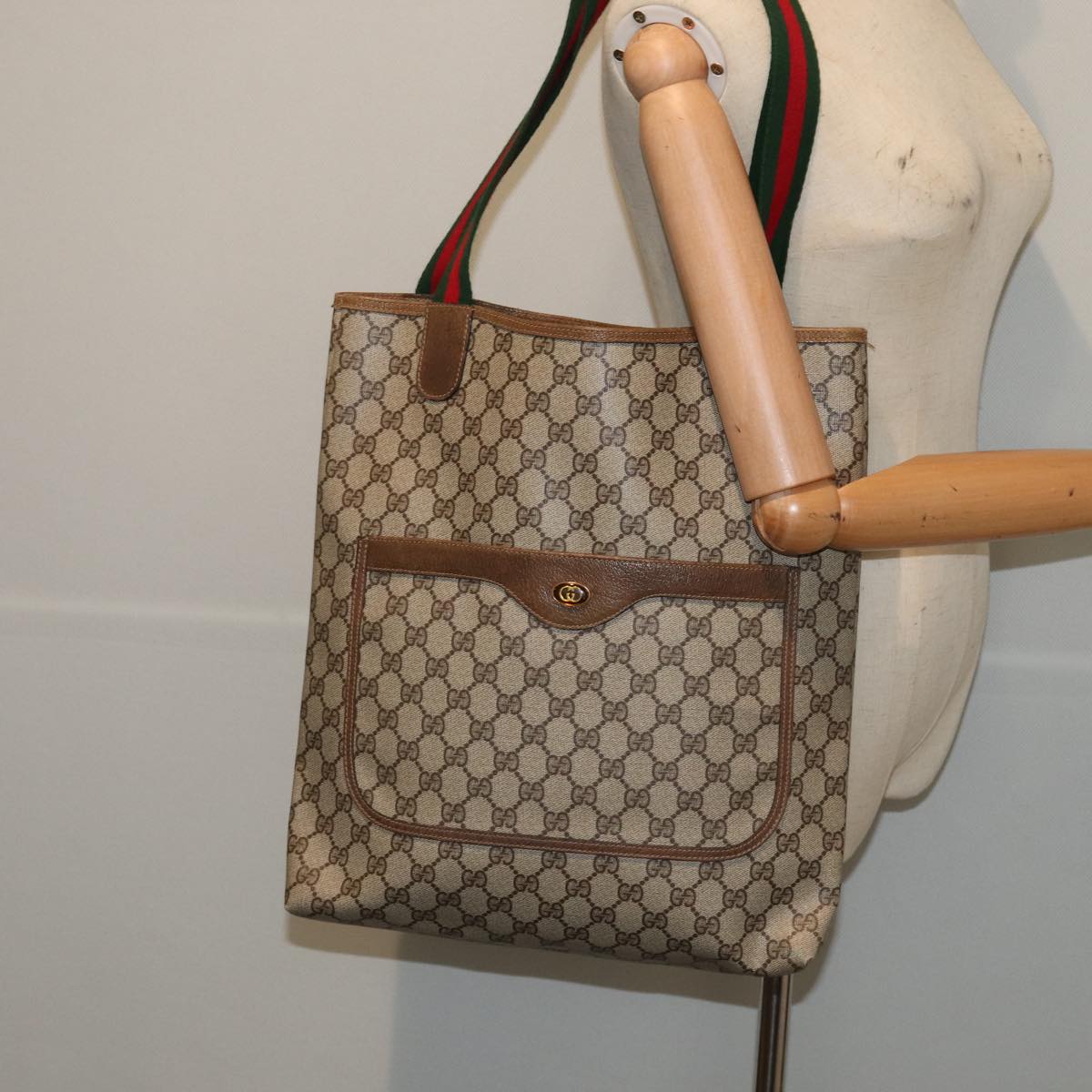 GUCCI GG Supreme Web Sherry Line Tote Bag PVC Beige Red 39 02 003 Auth 80138