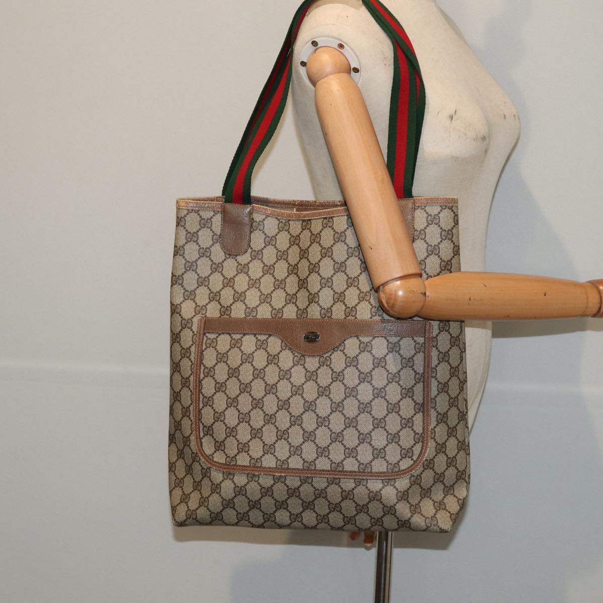 GUCCI GG Supreme Web Sherry Line Tote Bag PVC Beige Red 39 02 003 Auth 80139