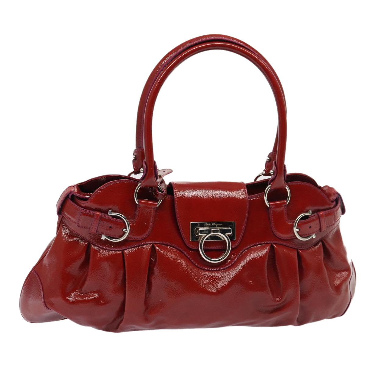 Salvatore Ferragamo Gancini Hand Bag Enamel Red Auth 80147