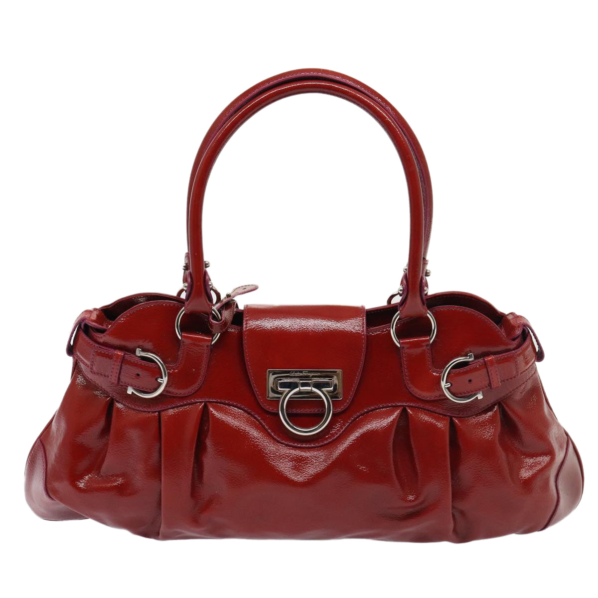 Salvatore Ferragamo Gancini Hand Bag Enamel Red Auth 80147 - 0