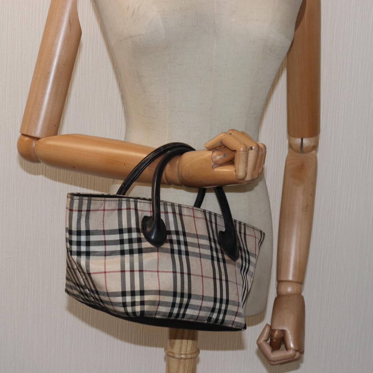 BURBERRY Nova Check Blue Label Hand Bag Nylon Beige Auth 80166