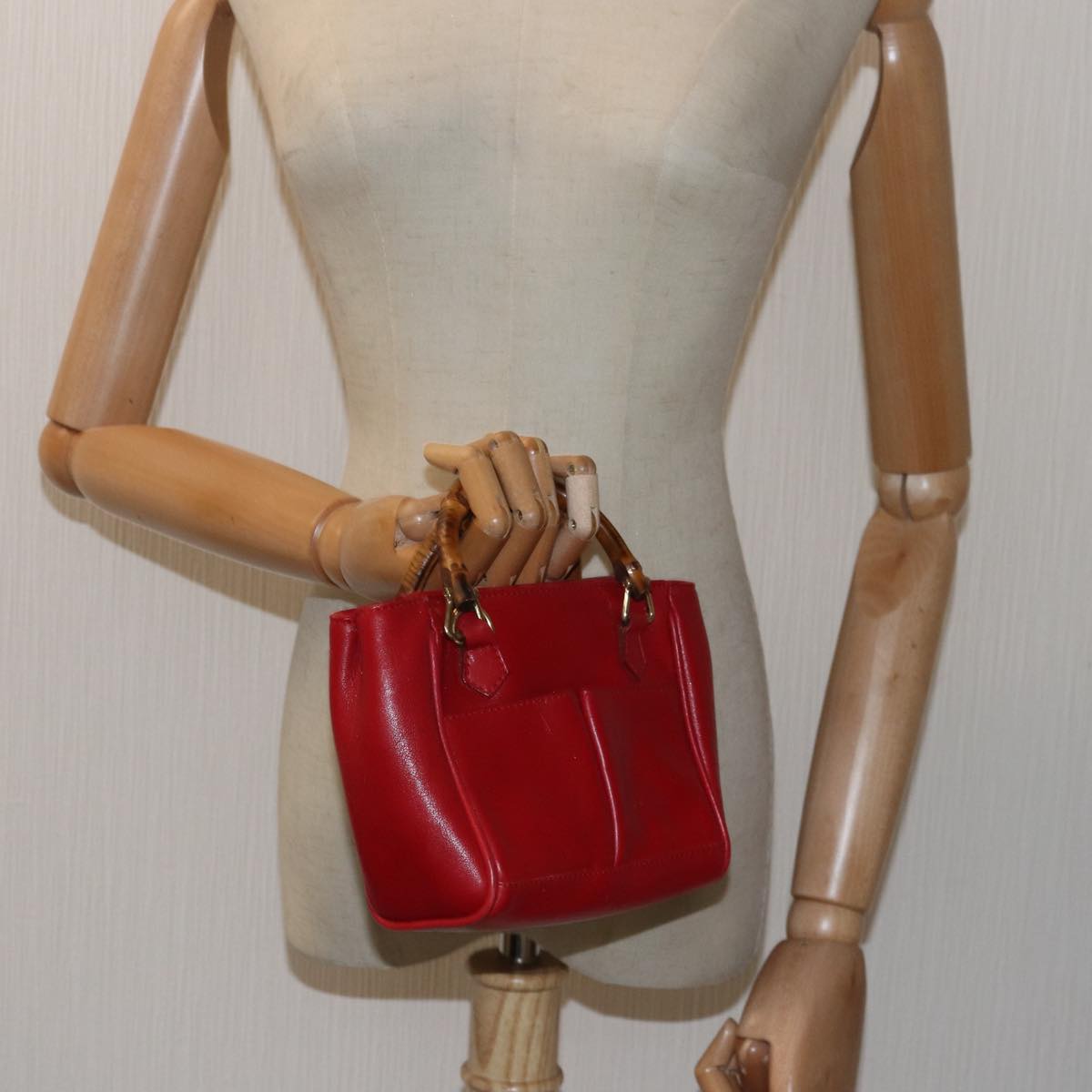 GUCCI Bamboo Hand Bag Leather Red Auth 80172