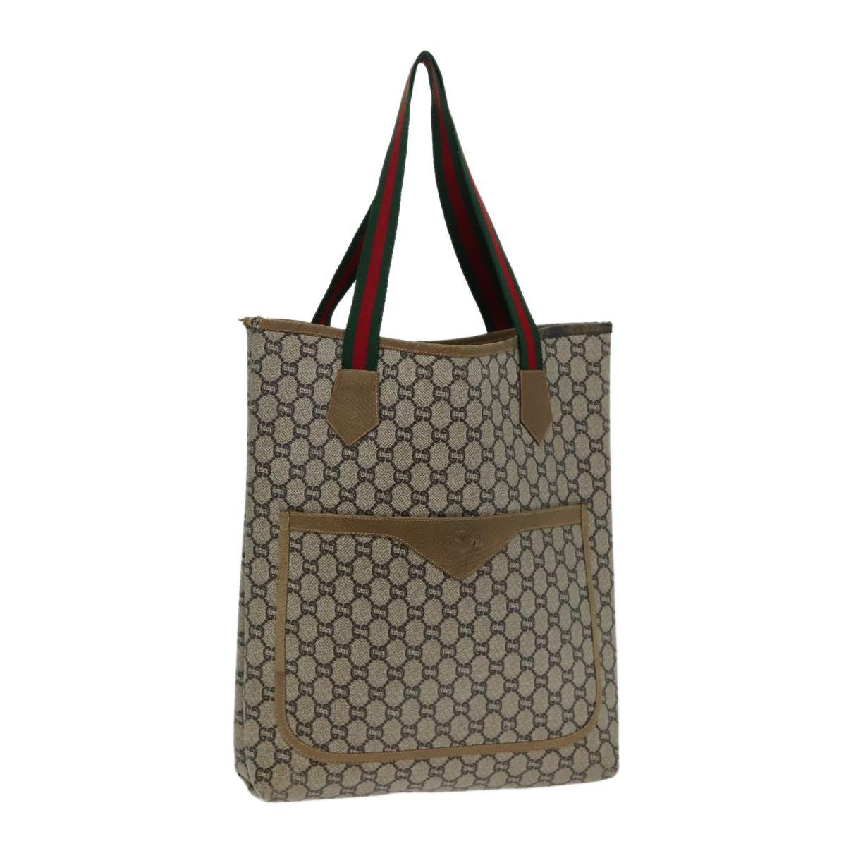 GUCCI GG Plus Supreme Web Sherry Line Tote Bag PVC Leather Beige Auth 80181