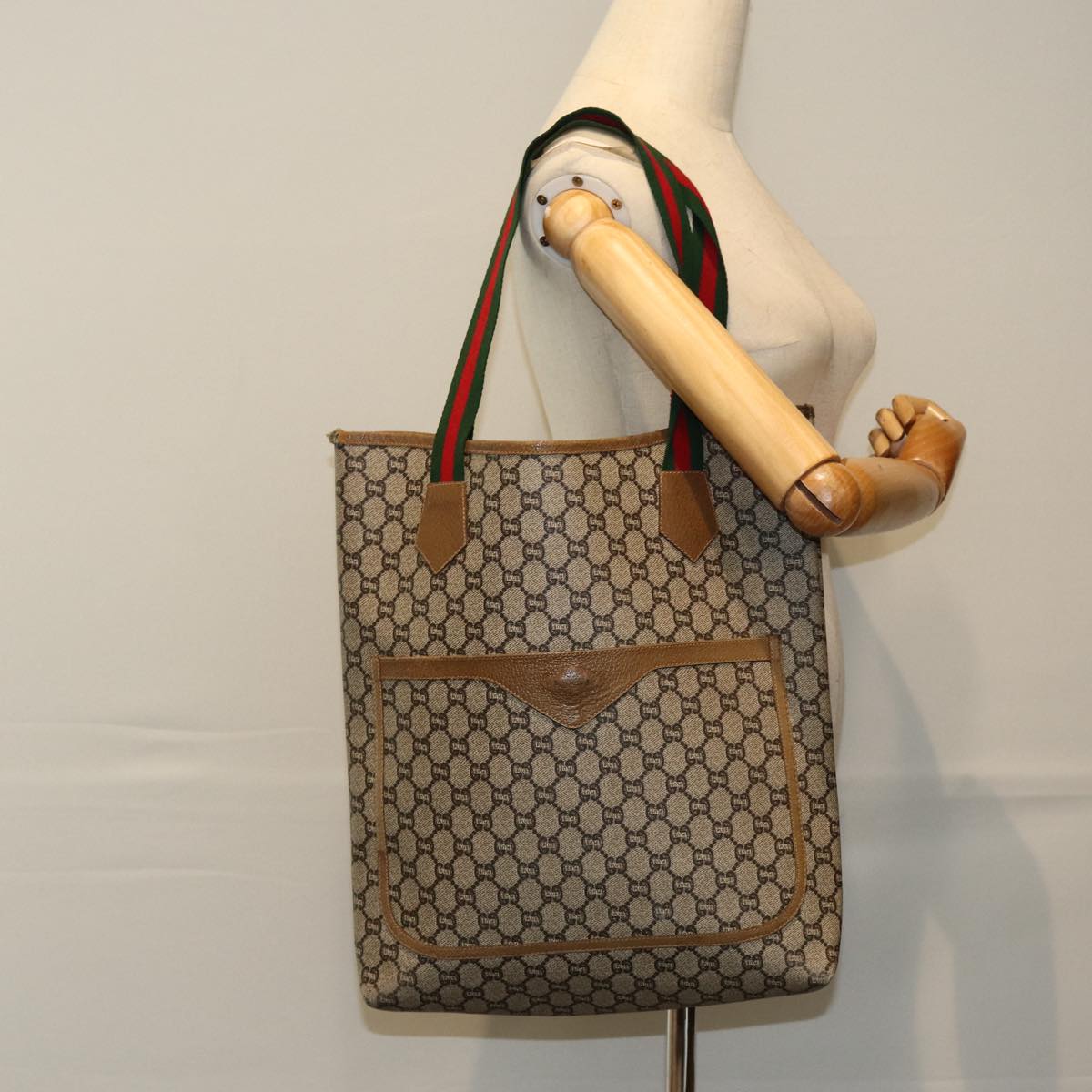 GUCCI GG Plus Supreme Web Sherry Line Tote Bag PVC Leather Beige Auth 80181