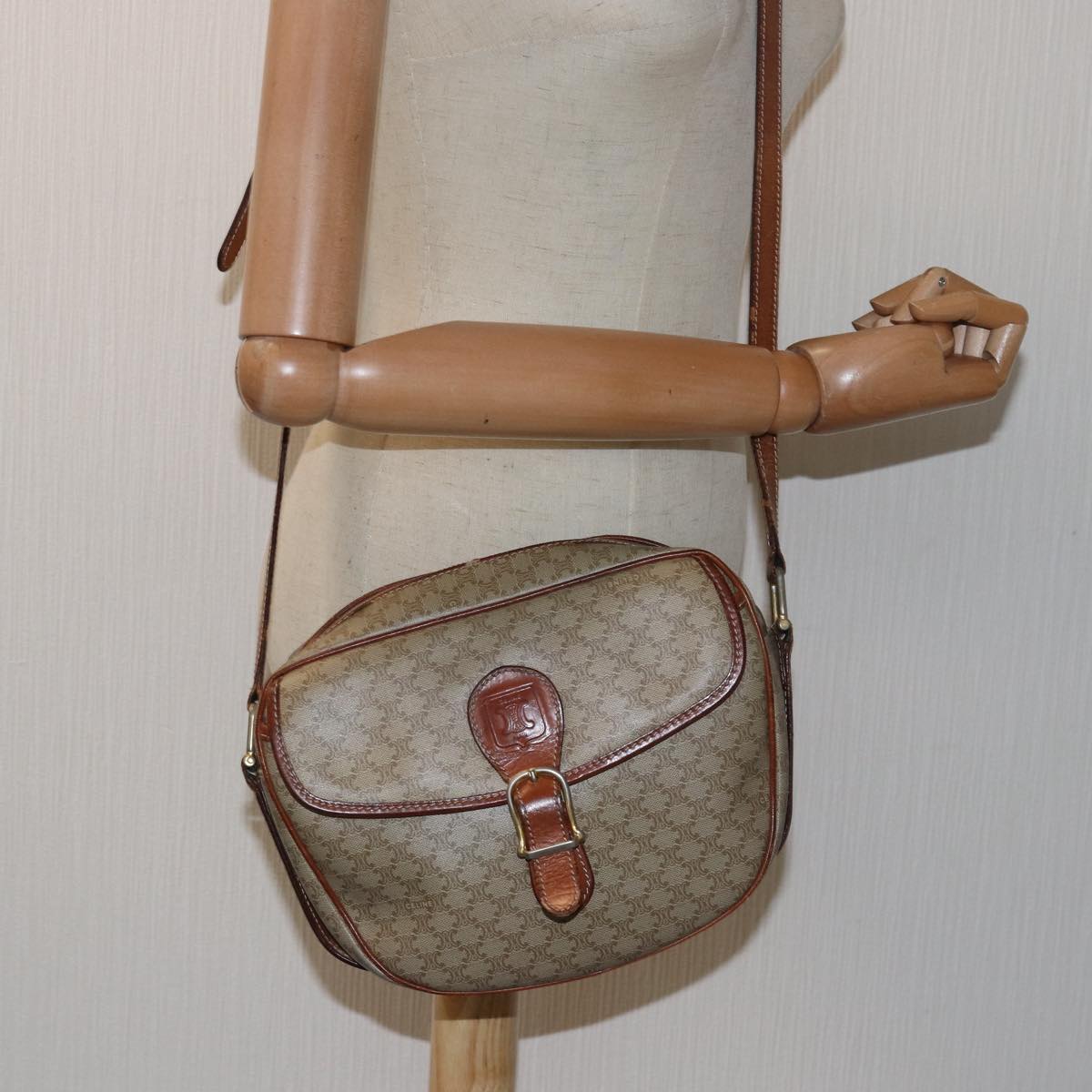 CELINE Macadam Canvas Shoulder Bag PVC Leather Beige Auth 80230