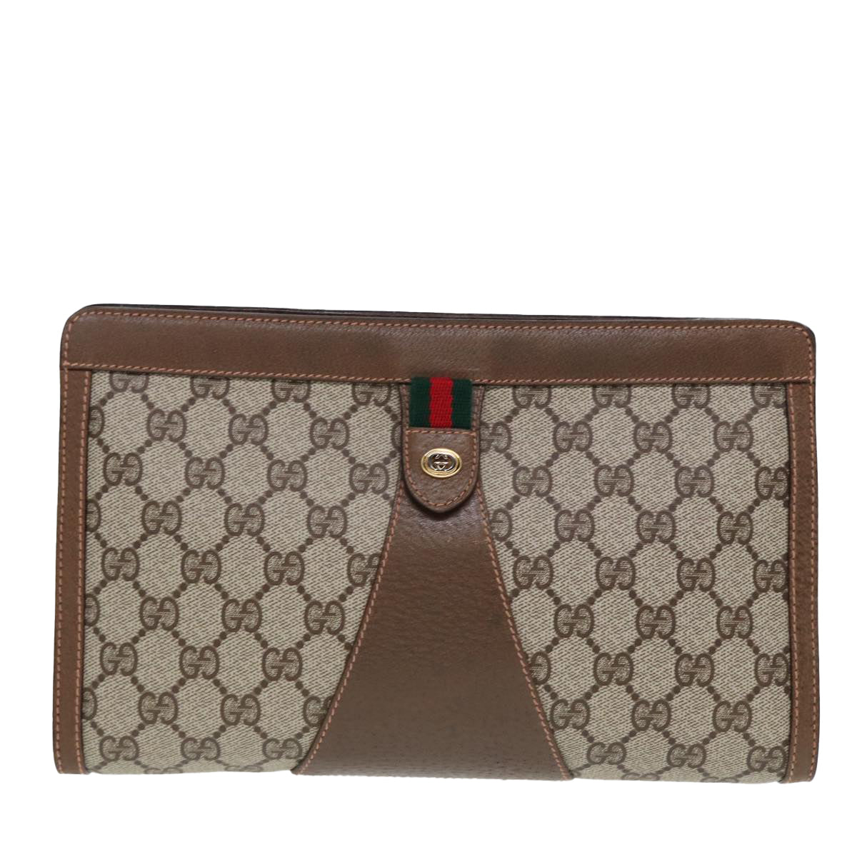 GUCCI GG Canvas Web Sherry Line Clutch Bag PVC Beige Green Red Auth 80235