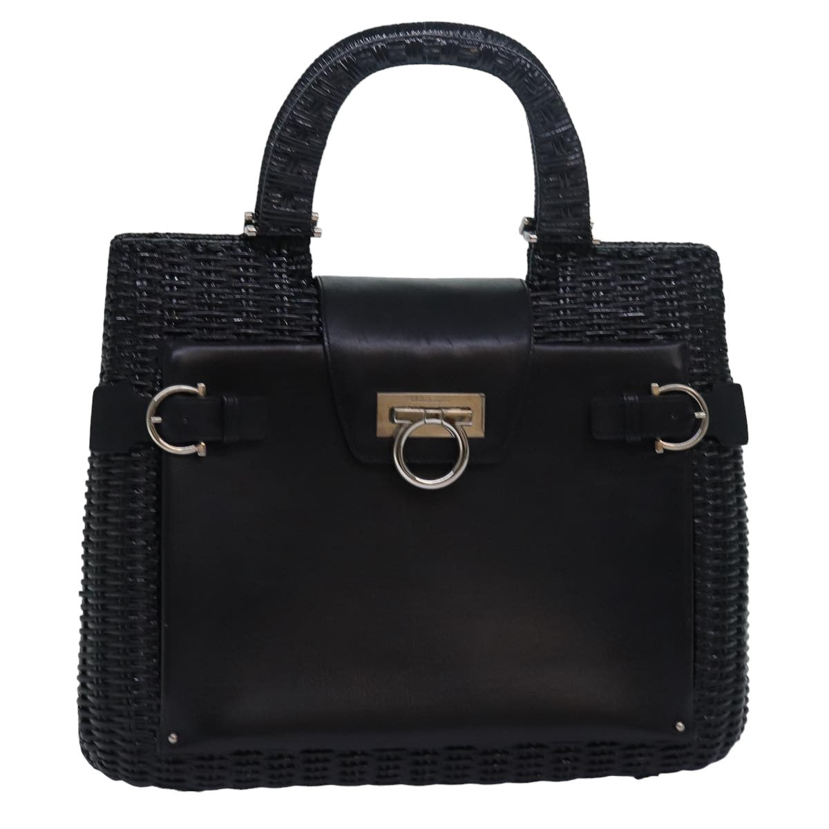 Salvatore Ferragamo Gancini Hand Bag Raffia Black Auth 80250