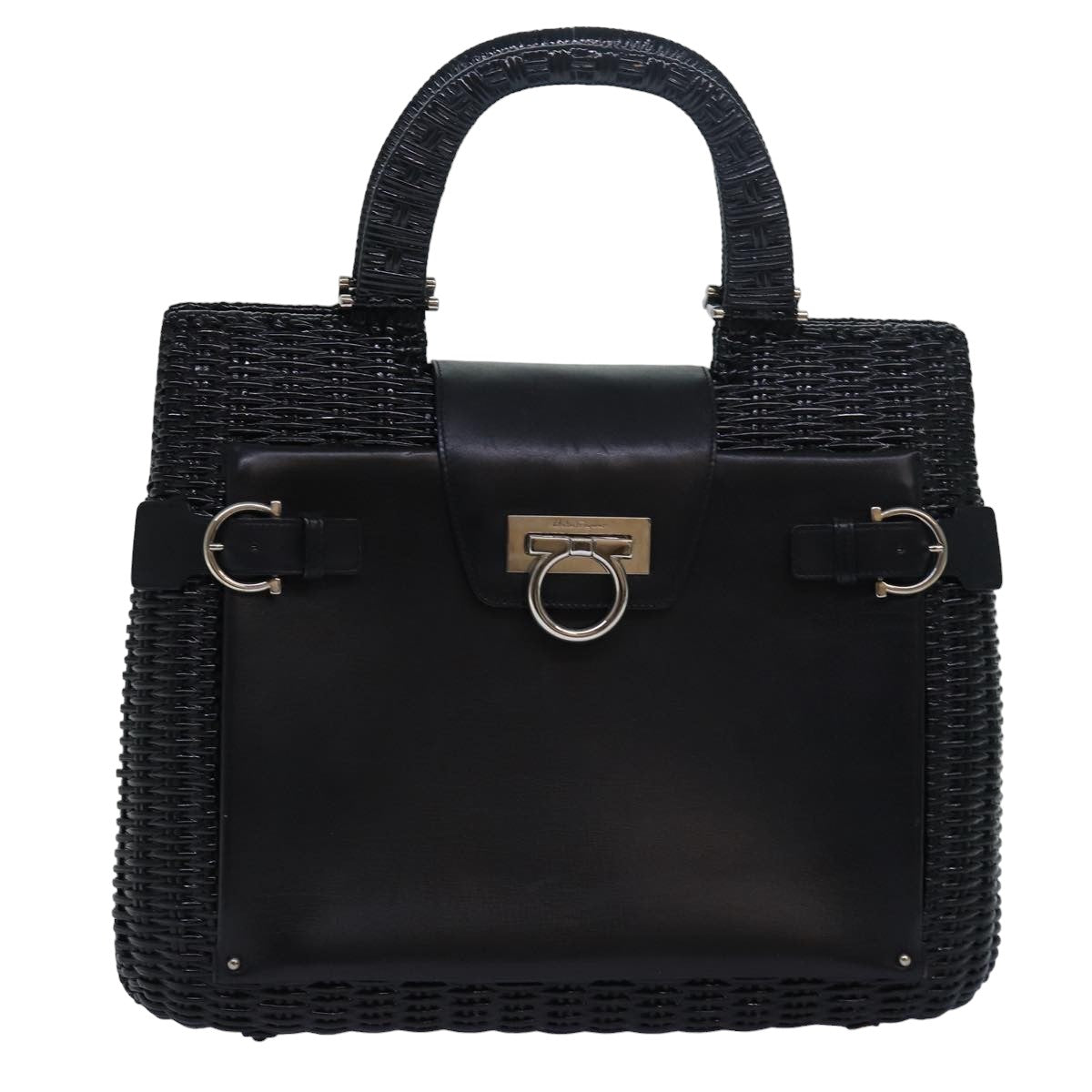 Salvatore Ferragamo Gancini Hand Bag Raffia Black Auth 80250 - 0