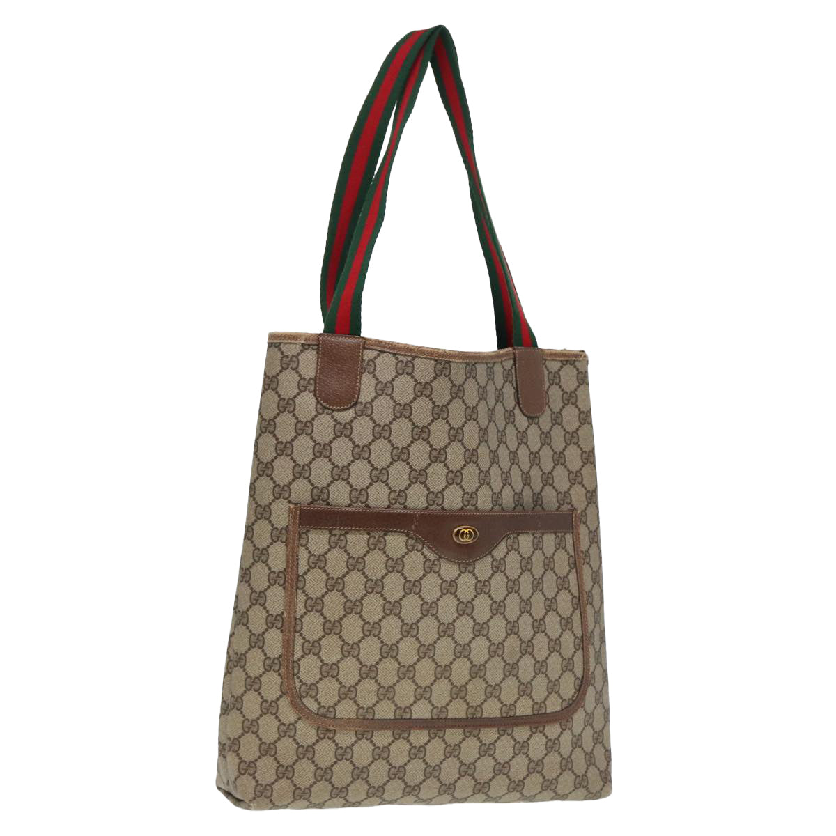 GUCCI GG Canvas Web Sherry Line Tote Bag PVC Leather Beige Green Red Auth 80255