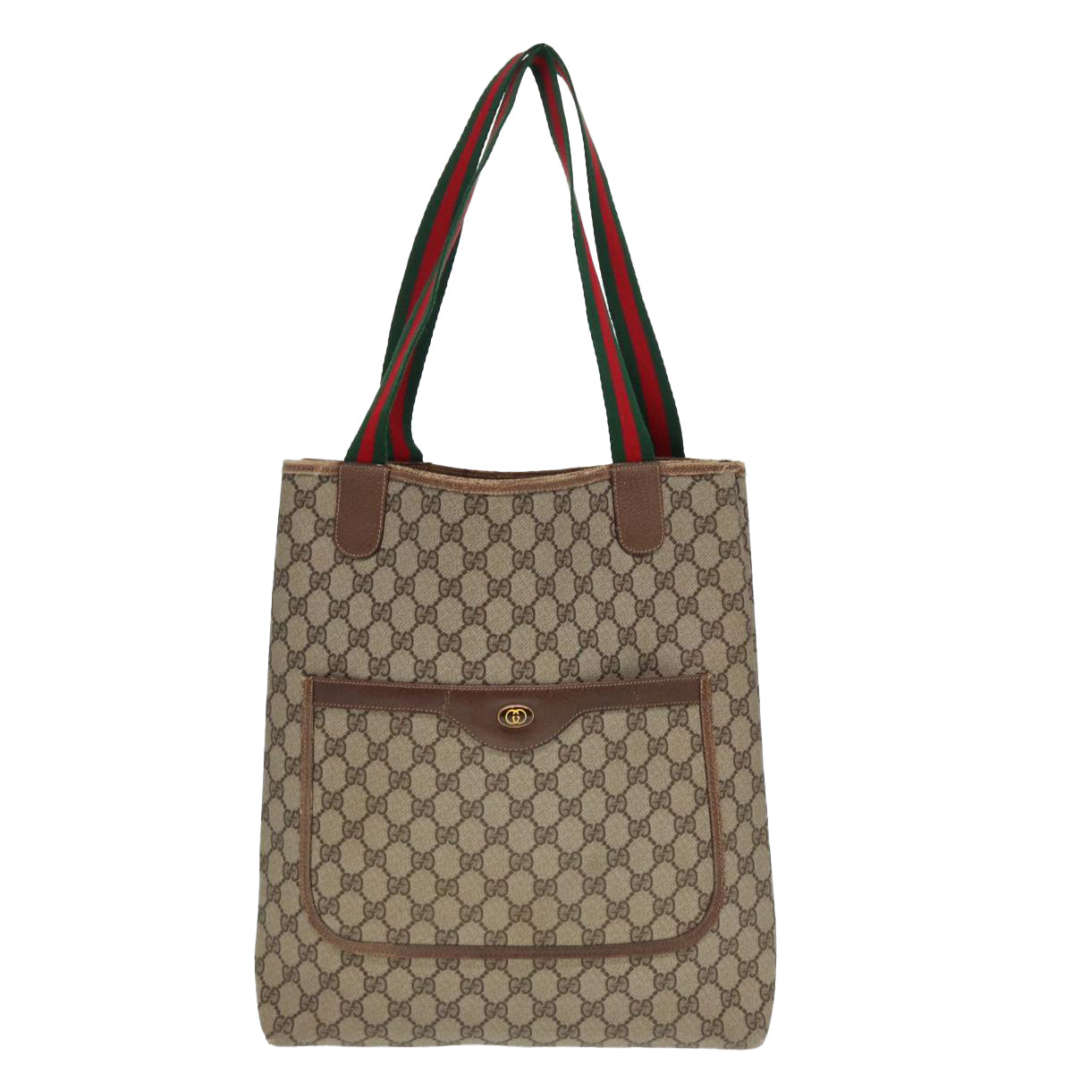 GUCCI GG Canvas Web Sherry Line Tote Bag PVC Leather Beige Green Red Auth 80255