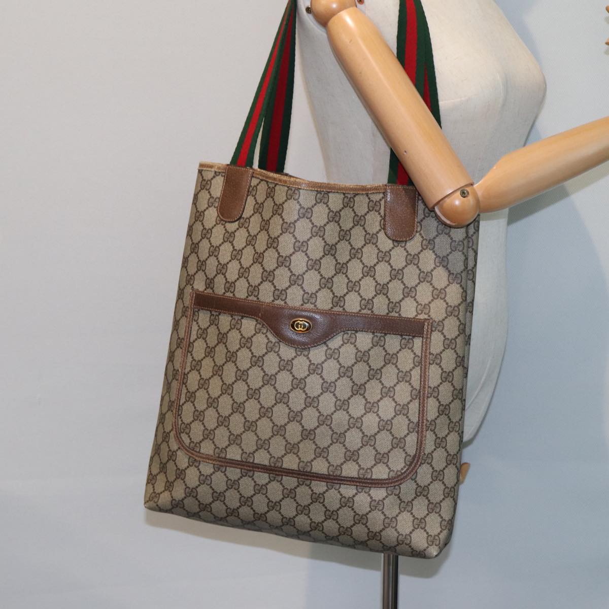 GUCCI GG Canvas Web Sherry Line Tote Bag PVC Leather Beige Green Red Auth 80255