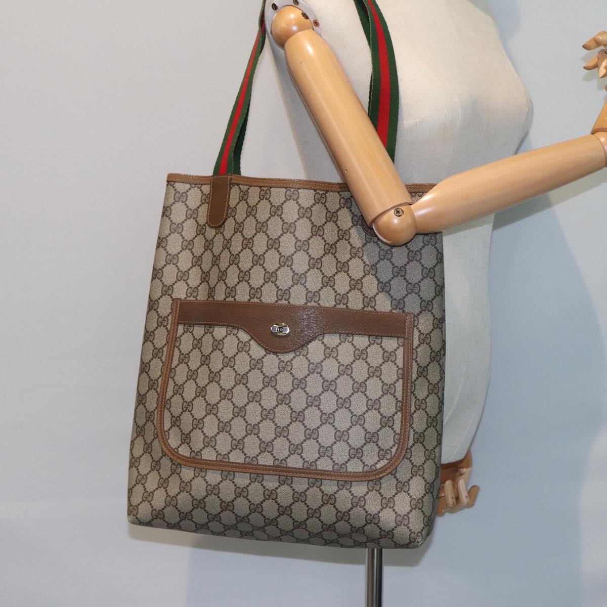 GUCCI GG Canvas Web Sherry Line Tote Bag PVC Leather Beige Green Red Auth 80257