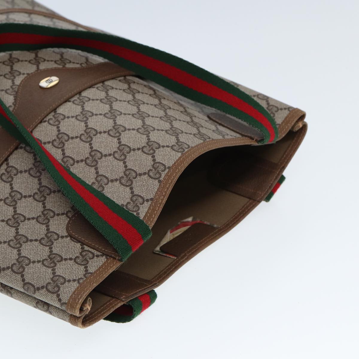 GUCCI GG Canvas Web Sherry Line Tote Bag PVC Leather Beige Green Red Auth 80257