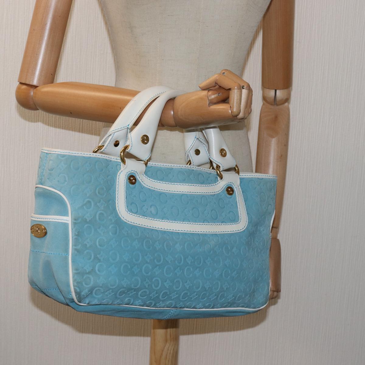 CELINE C Macadam Canvas Hand Bag Suede Light Blue White Auth 80260