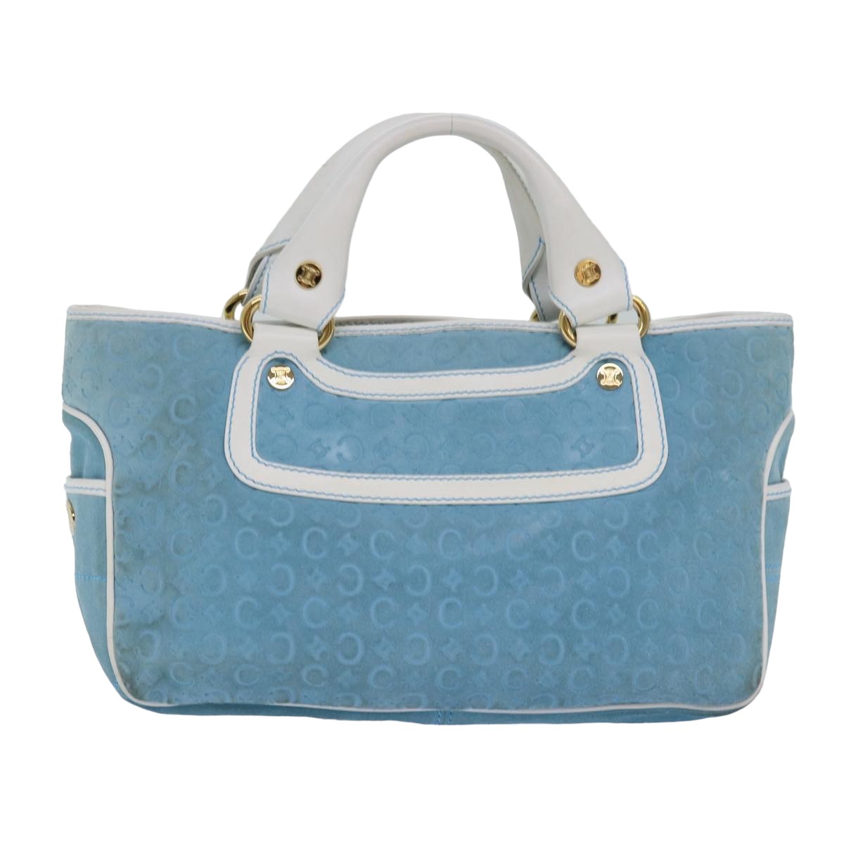 CELINE C Macadam Canvas Hand Bag Suede Light Blue White Auth 80260