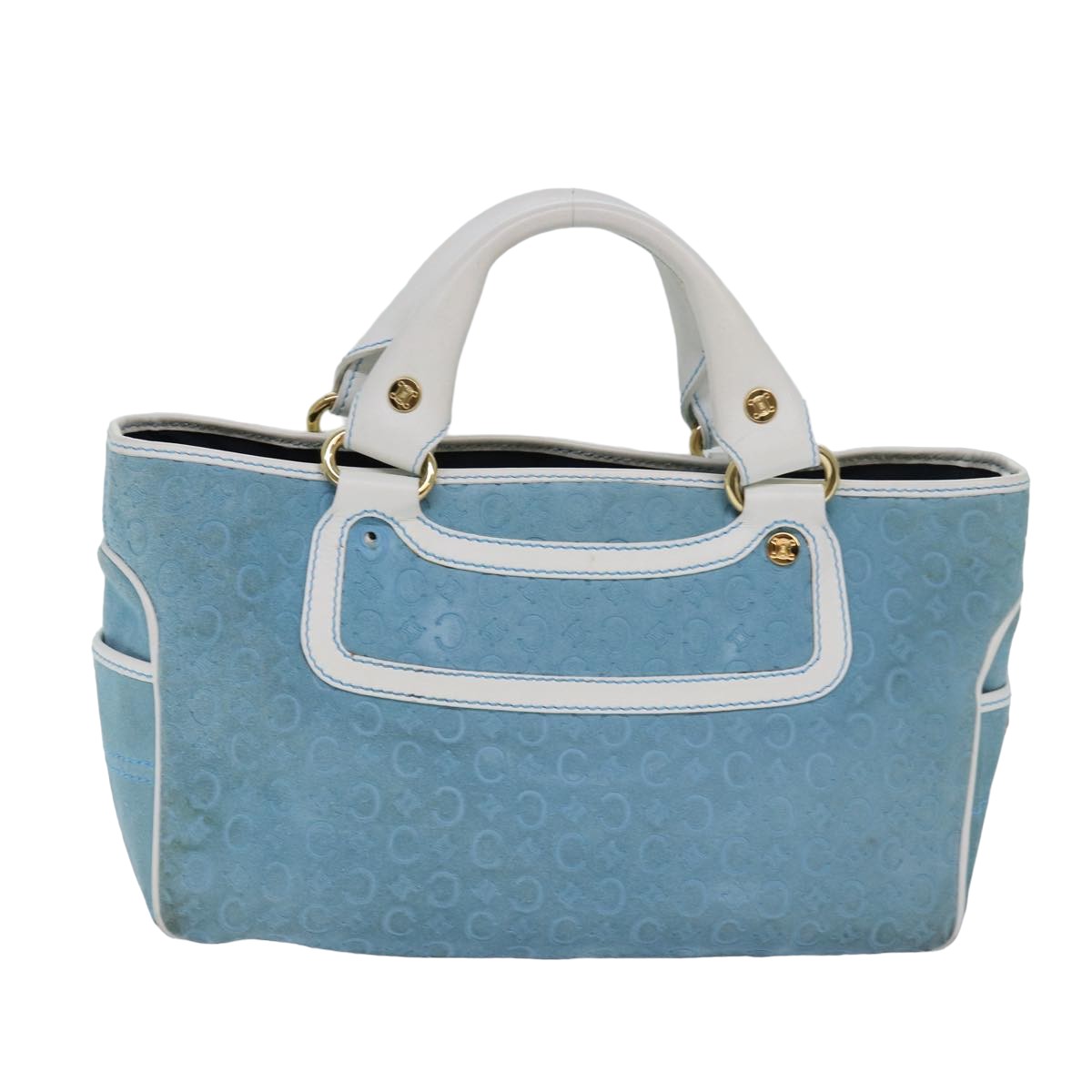 CELINE C Macadam Canvas Hand Bag Suede Light Blue White Auth 80260 - 0