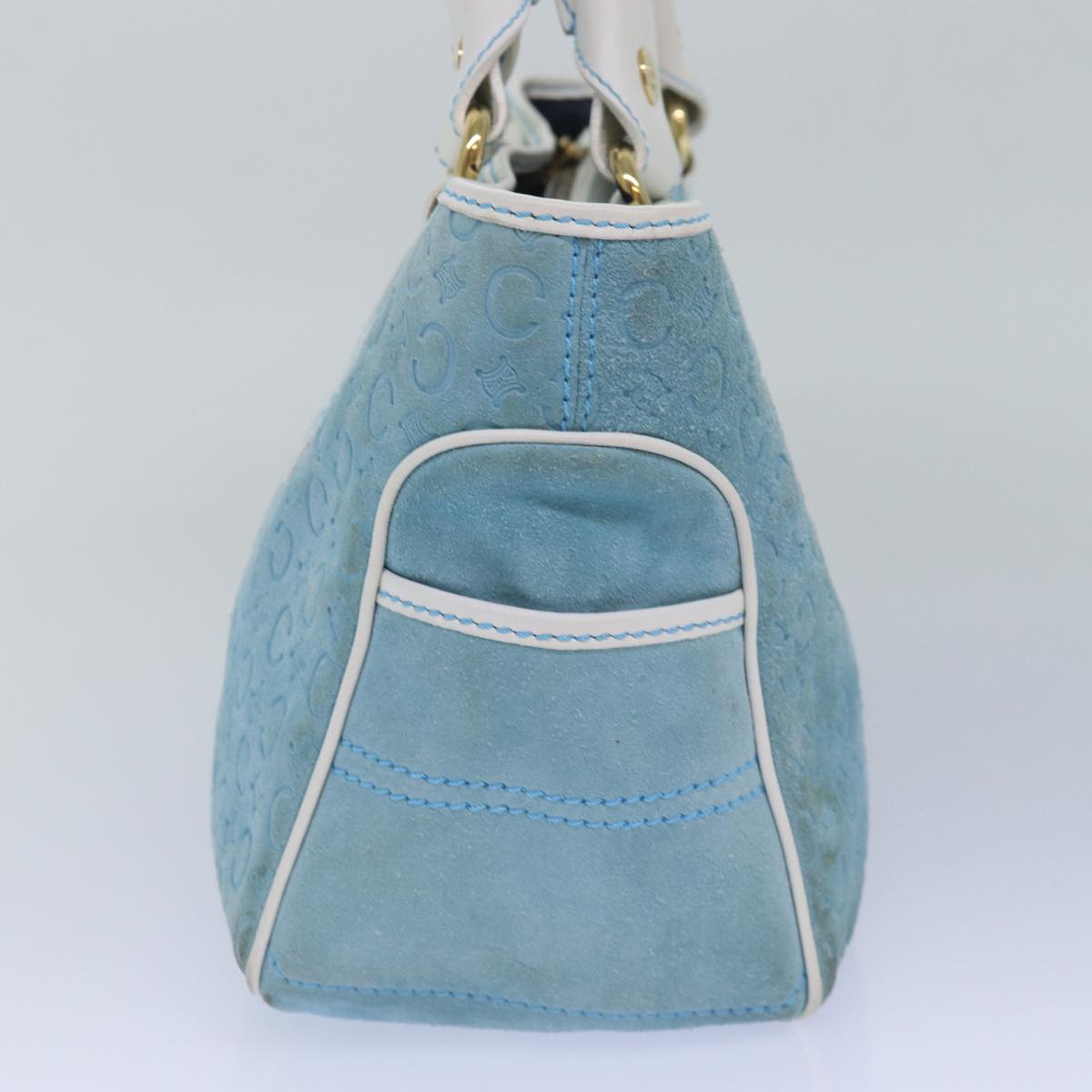 CELINE C Macadam Canvas Hand Bag Suede Light Blue White Auth 80260